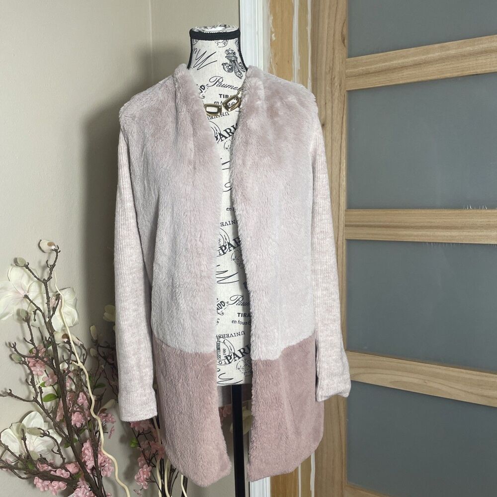 Peyton Primrose Open Front Cardigan Faux Fur Long Sleeve Two Tone Neutral Cozy S